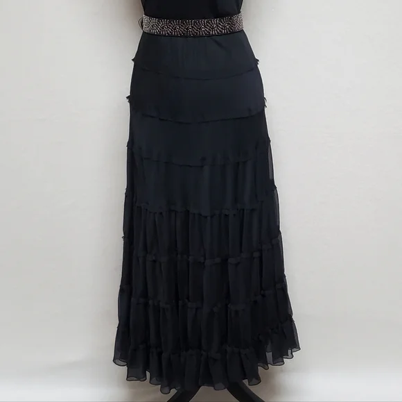 𝅺VINTAGE Jones Wear Black Chiffon Sleeveless Tiered Ruffle Full Skirt Midi Dres - Picture 14 of 15